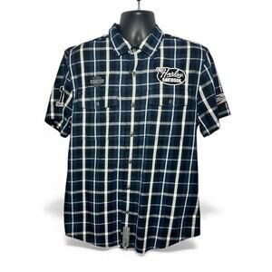 Harley-Davidson Blue Gray Plaid BD Short Sleeve Patched Work Shirt Men's size L